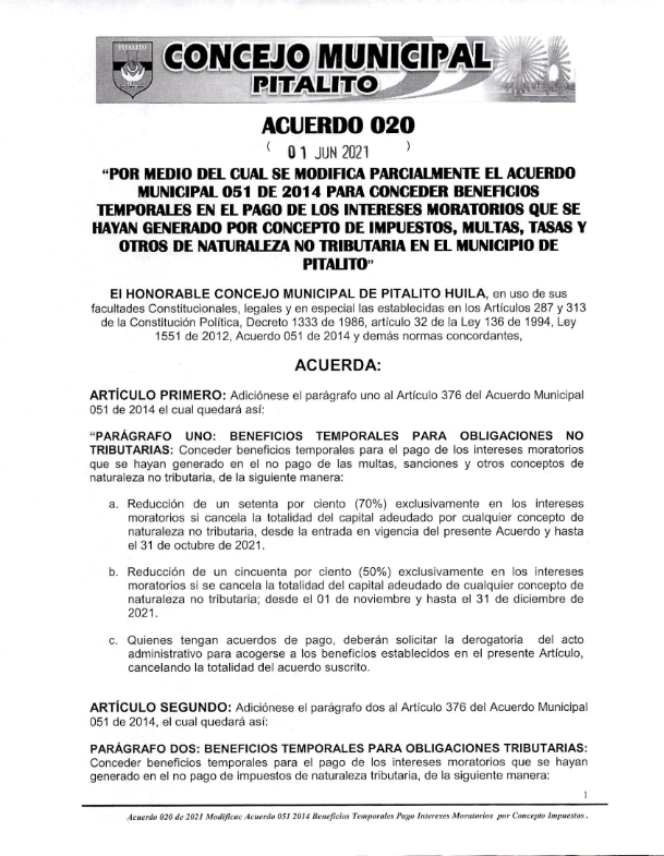 Acuerdo 020 2021 Concejo Municipal De Pitalito 7184